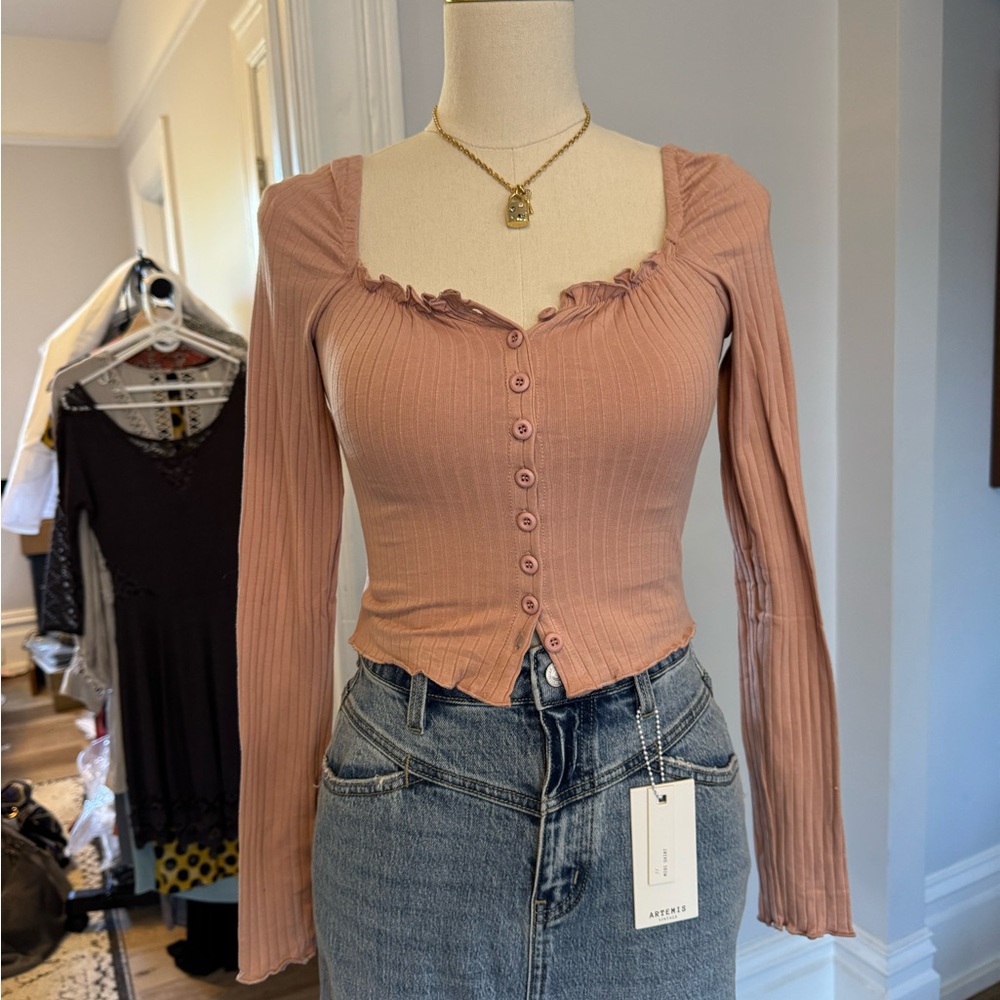 Dusty Pink Ribbed Long Sleeve Blouse